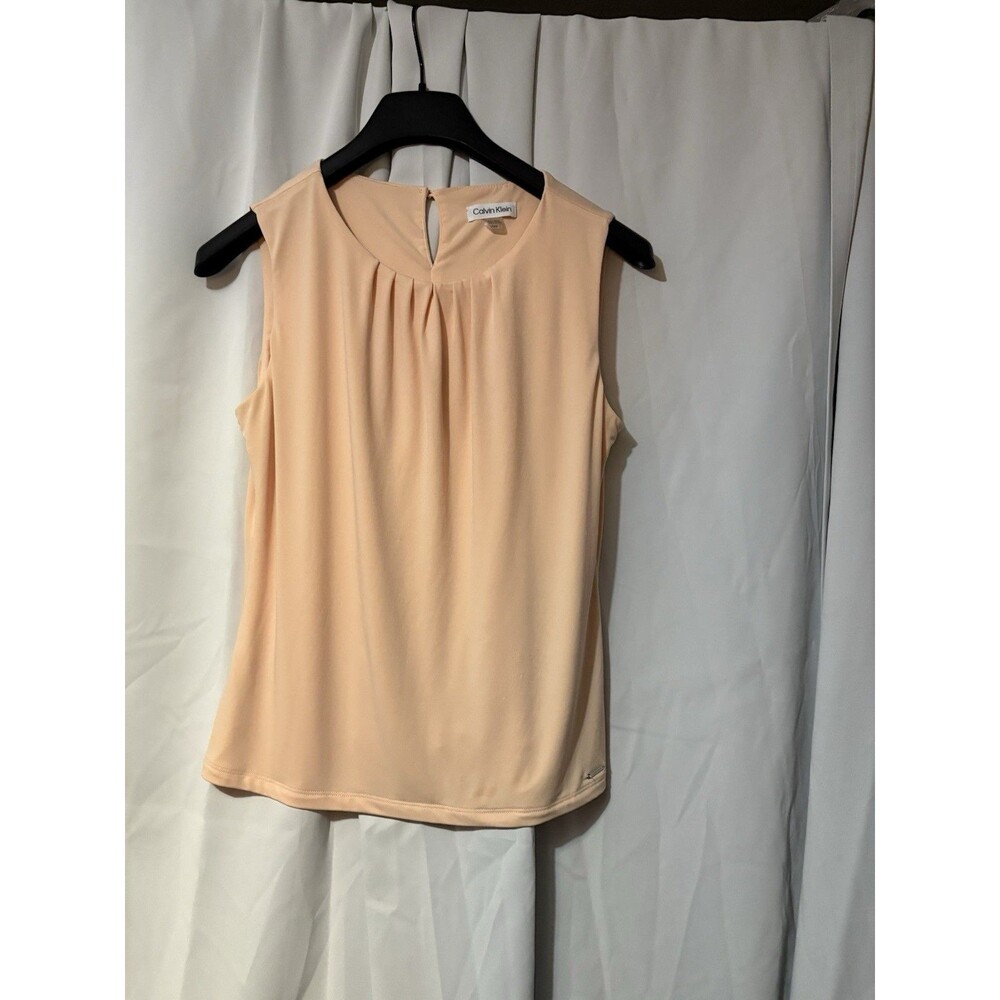Calvin Klein Women's Pleated Round Neck Sleeveless Knit Blouse Beige L